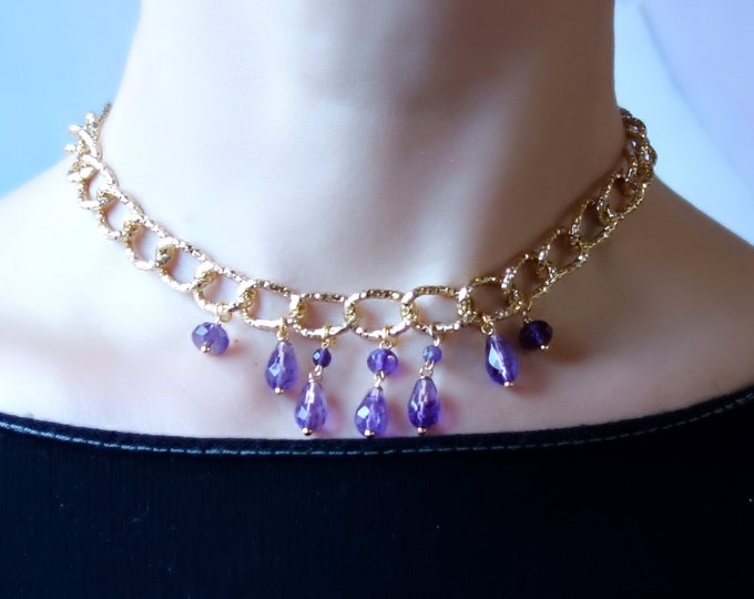 Amethyst choker, Large chain necklace with amethyst drop, amethyst necklace, golden chain choker