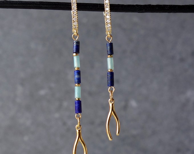 Lapis lazuli and amazonite earrings with gold plated over silver, Lapis lazuli earrings, lapis jewelry, amazonite earrings, blue earrings