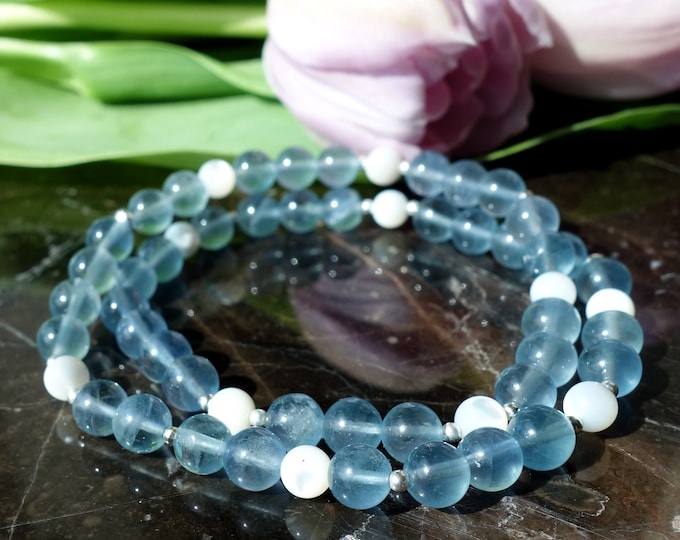 Blue Fluorite and Mother-of-pearl Shell Bracelet with sterling silver beads, Blue Fluorite bracelet, yoga bracelet, double Bracelet
