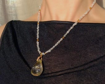 Herkimer Diamond Necklace with Yellow Tourmaline and Rutilated quartz pendant