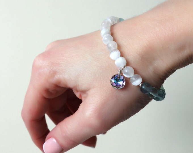 Selenite and Blue Fluorite Bracelet with sterling silver beads and Swarovski crystal, selenite Bracelet, yoga bracelet, blue fluorite