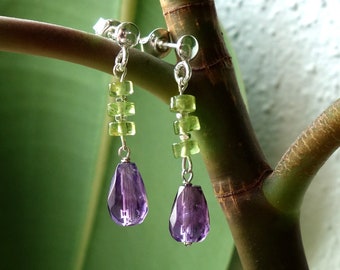 Amethyst, peridot earrings sterling silver, Sterling silver earrings, genuine Amethyst earrings, genuine chrysolite earrings