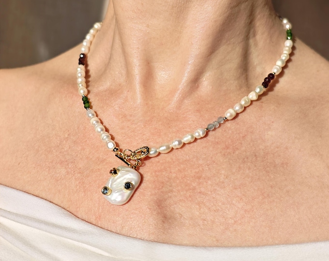 Pearls, Garnets, Aquamarine and Chrome Diopside necklace, pearl pendant, pearl necklace, garnet necklace, Chrome Diopside necklace