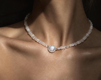 Moonstone Beaded Necklace with Silver-Framed Moonstone Center, Handmade Gemstone Choker 40 cm 15.7 in, June Birthstone Gift