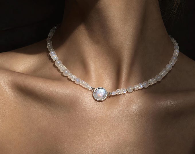 Moonstone Beaded Necklace with Silver-Framed Moonstone Center, Handmade Gemstone Choker 40 cm 15.7 in, June Birthstone Gift