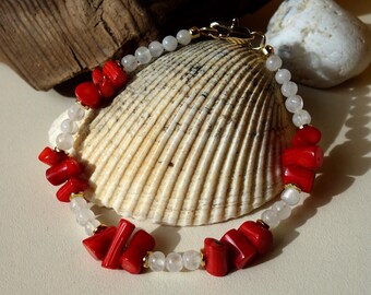 Moonstone and Coral Bracelet – Natural Gemstone Jewelry, Healing Crystal Bracelet, Red Coral and White Moonstone Beaded Bracelet