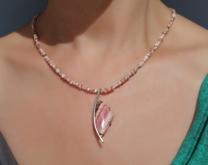 Rhodochrosite necklace with rhodochrosite pendant and sterling silver, Rhodochrosite pendant, Rhodochrosite jewelry
