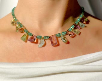 Blue Apatite Necklace with Ametrine and Aquamarine Charms