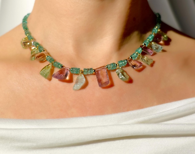 Blue Apatite Necklace with Ametrine and Aquamarine Charms