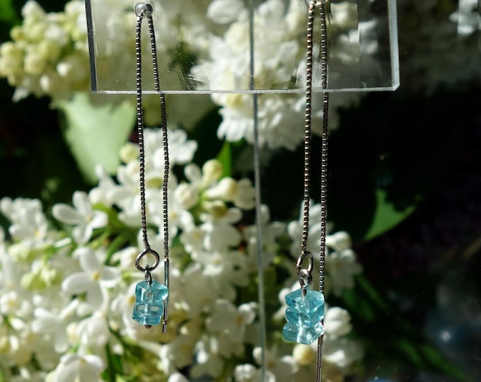 Blue apatite handmade earrings with 925 sterling silver, long chain earrings, genuine apatite earrings, Blue earrings