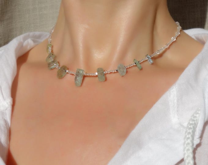 Clear Quartz and Aquamarine Necklace in Sterling Silver