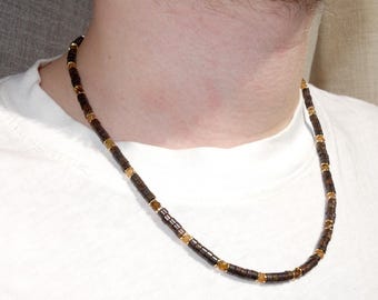 Men's Bronzite Necklace with Citrine and Orange Garnet Inserts, mens beaded necklace, mens bronzite necklace, bronzite choker