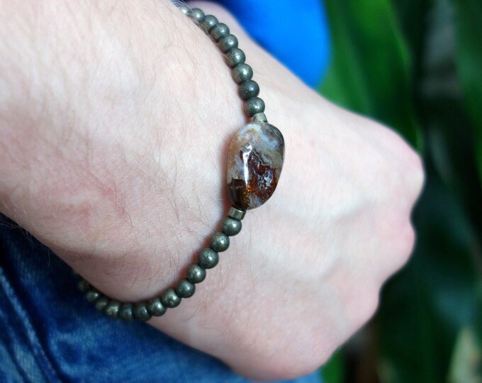 Pyrite bracelet with fire agate bead, Genuine pyrite mens bracelet, pyrite mens bracelet, natural pyrite bracelet, fire agate bracelet