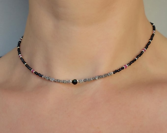 Natural diamond, sapphire, ruby and emerald necklace with sterling silver, sapphire choker Ruby choker, diamond choker, emerald choker