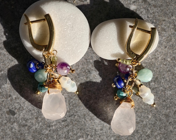 Rose Quartz Gemstone Cluster Earrings, Leverback Dangle Earrings, Multi color earrings, Gold Plated One of a Kind Jewelry