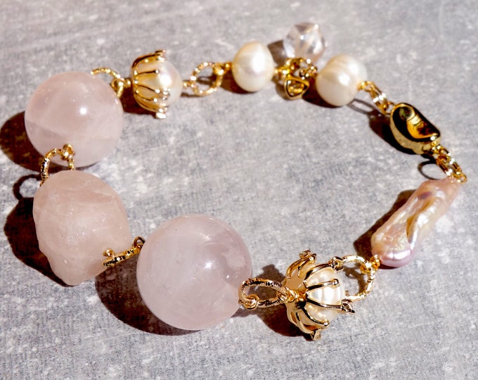 Rose quartz Bracelet with pearl, pink stone bracelet, Baroque Pearl bracelet, pink quartz bracelet, pink stone bracelet, pearl bracelet