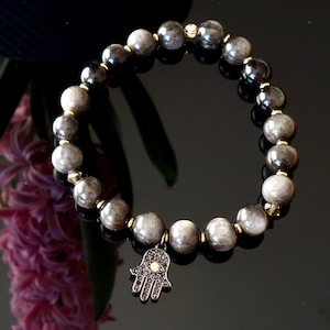 Silver Obsidian Bracelet with hamsa charm, Bracelet with hamsa, Hamsa bracelet, hamsa pendant, Silver sheen obsidian bracelet