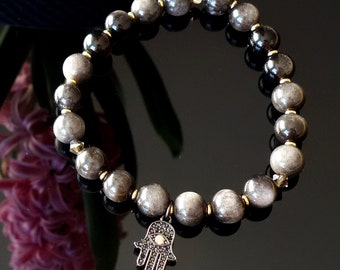 Silver Obsidian Bracelet with hamsa charm, Bracelet with hamsa, Hamsa bracelet, hamsa pendant, Silver sheen obsidian bracelet