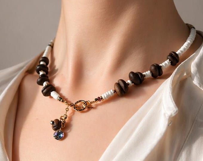 Puka Shell Necklace, Coffee Bean Necklace, Boho Gold Necklace, Crystal Charm Necklace, Natural Shell Jewelry, Gift for Her