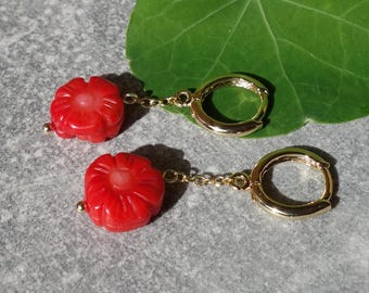 Red Coral Flower Drop Earrings – Gold Plated Stainless Steel, Natural Carved Gemstone Jewelry, Dainty 3.5 cm Coral Earrings, coral jewelry