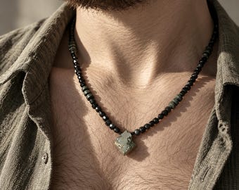 Pyrite and golden obsidian necklace with pyrite pendant, Pyrite Beaded Necklace, Pyrite Necklace for men, Mens Necklace with pyrite