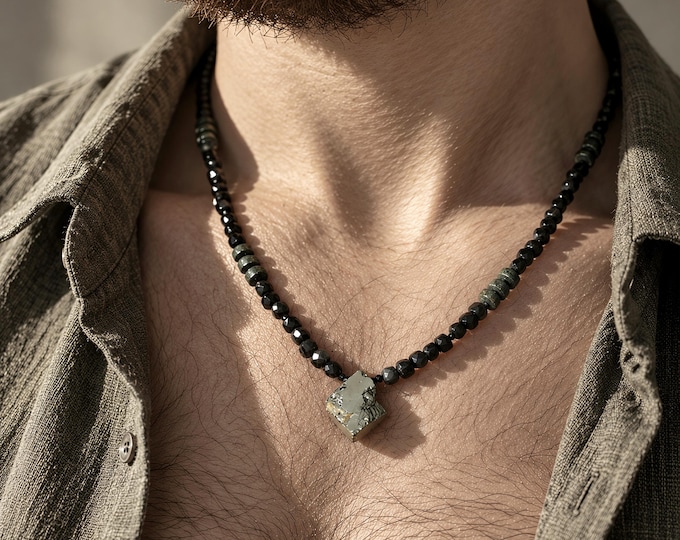 Pyrite and golden obsidian necklace with pyrite pendant, Pyrite Beaded Necklace, Pyrite Necklace for men, Mens Necklace with pyrite