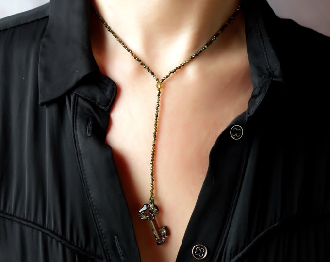 Obsidian necklace with Swarovski key pendant, Obsidian Delicate Beaded Necklace, Minimalist necklace, necklace with long chain, Key necklace