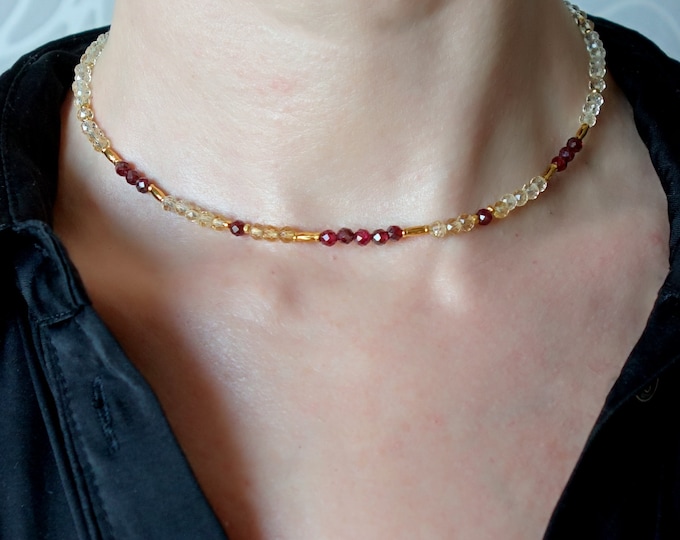 Citrine and garnet necklace with gold plated over silver, Faceted Citrine choker, garnet choker, delicate gold citrine choker