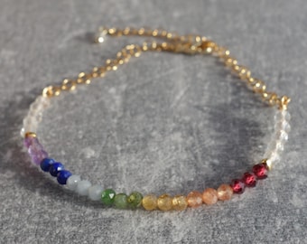 Rainbow Gemstone Bracelet – Garnet, Sunstone, Tourmaline, Malachite, Angelite, Lapis Lazuli, Amethyst – Delicate Beaded Bracelet