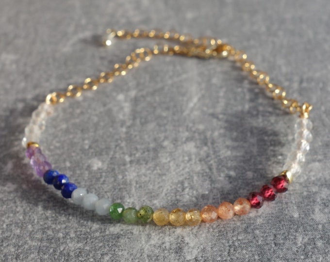 Rainbow Gemstone Bracelet – Garnet, Sunstone, Tourmaline, Malachite, Angelite, Lapis Lazuli, Amethyst – Delicate Beaded Bracelet