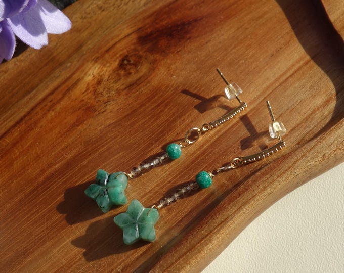 Emerald Star Earrings – Natural Emerald & Obsidian, Gold Plated Stainless Steel