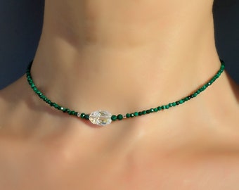 Natural Malachite necklace with Swarovski Scarab and Sterling silver, genuine Malachite tiny necklace, Malachite choker