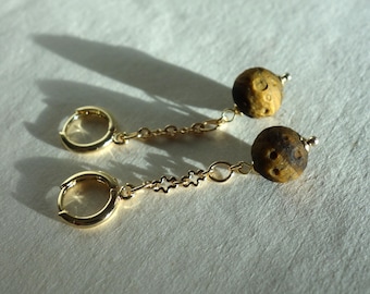 Tiger Eye Dangle Earrings Gold – 10mm Gemstone Bead, 4.7 cm Hoop Drop Earrings, Minimalist Gift for Her