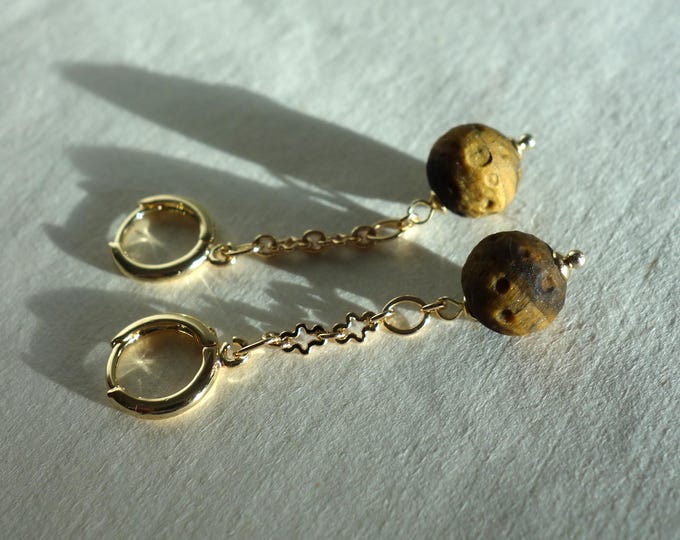 Tiger Eye Dangle Earrings Gold – 10mm Gemstone Bead, 4.7 cm Hoop Drop Earrings, Minimalist Gift for Her