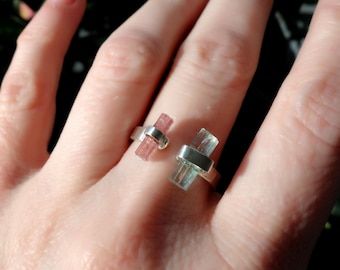 Raw aquamarine and tourmaline sterling silver ring, Aquamarine sterling silver ring, Tourmaline sterling silver ring