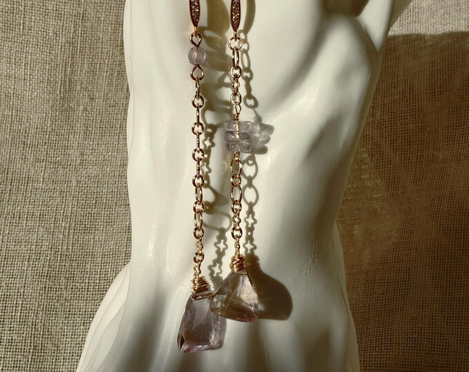 Ametrine Asymmetric Earrings Long Dangle | Wire Wrap Gold Chain | Mismatched Gemstone | Handmade Statement Gift for Her