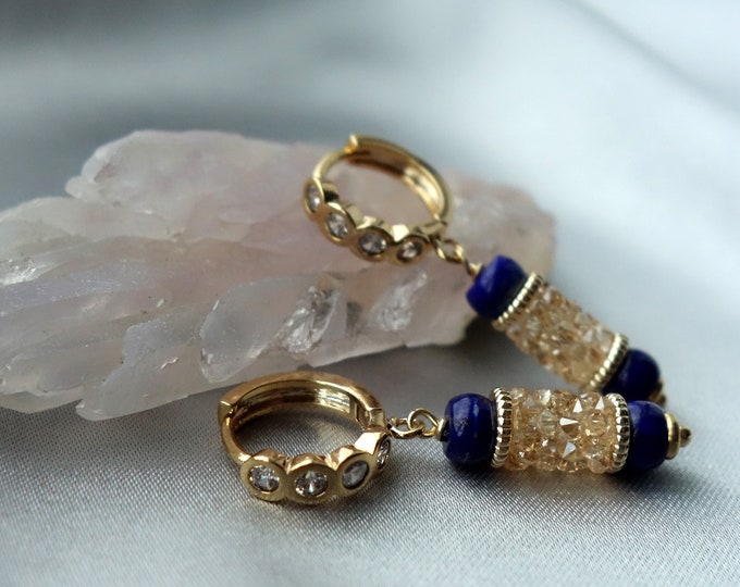 Lapis lazuli earrings with Swarovski crystal, lapis earrings, swarovski crystal earring, lapis jewelry, 14K gold earrings, blue earrings