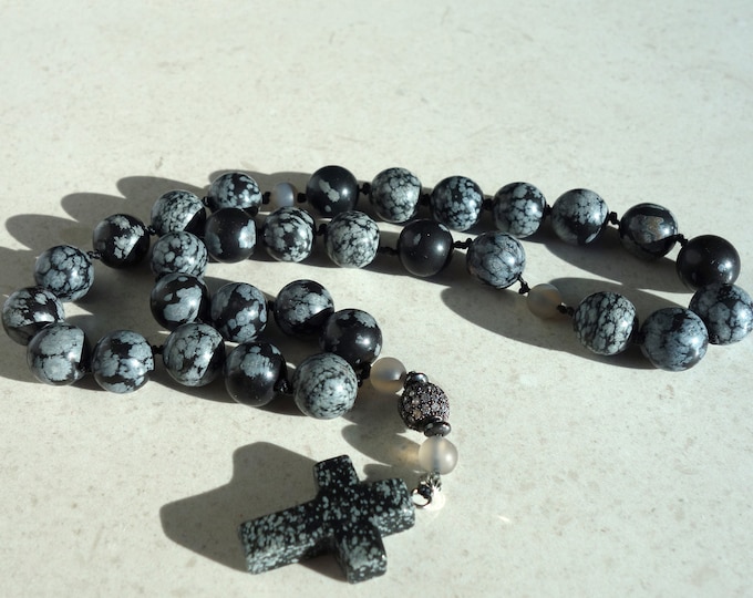 Snow Flake Obsidian Rosary, Traditional Rosary With Obsidian Stone, 33 Beads Obsidian Rosary, Black Rosary, Rosary 33 Prayer Beads