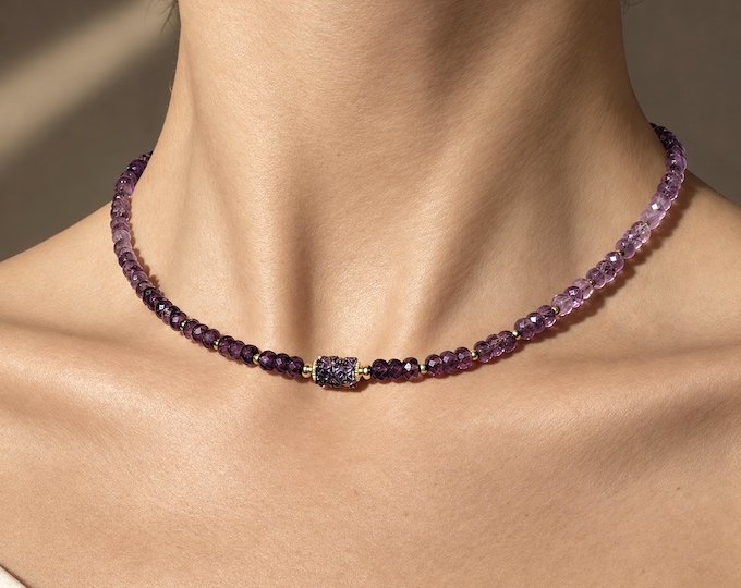 Amethyst necklace with SWAROVSKI Crystal, Amethyst Delicate Beaded Necklace, Amethyst faceted beads, Minimalist amethyst jewelry