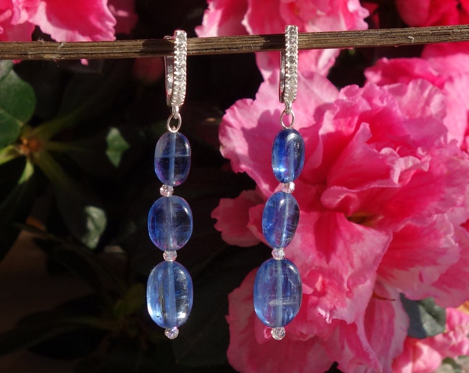 Natural Kyanite Earrings with sterling silver, blue kyanite earrings, long earrings, kyanite jewelry, Handcrafted Blue Gemstone Earrings