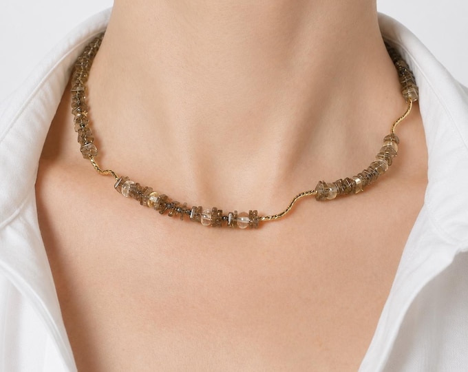 Smoky Quartz Citrine Necklace, Pyrite Beaded Gold Choker, Handmade Gemstone Jewelry Gift