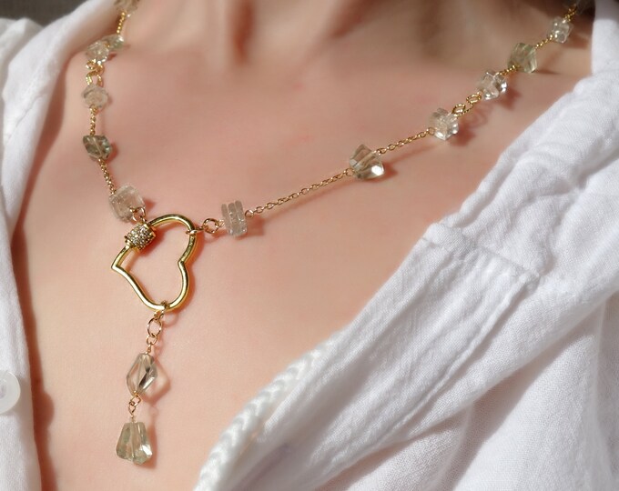 Prasiolite necklace with heart clasp, green amethyst necklace, green necklace