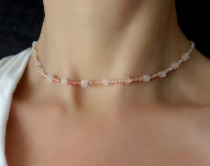 Pink Opal and Rose Quartz necklace with sterling silver, Opal Delicate Beaded Necklace, pink necklace with rose quartz, pink opal choker