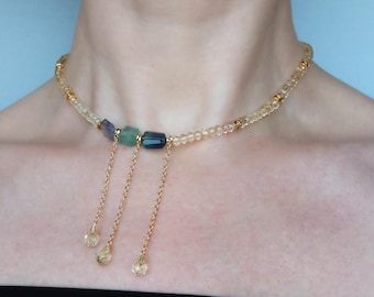 Citrine & Fluorite Necklace – Elegant Gemstone Choker with Citrine Drops, Citrine and Fluorite Choker Necklace – Natural Gemstone Jewelry