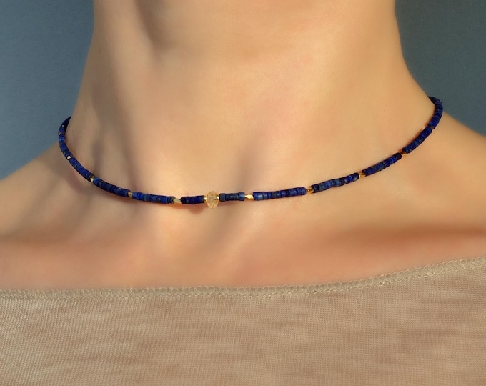 Natural Lapis lazuli and citrine necklace with gold plated over silver, genuine Lapis lazuli necklace, Lapis lazuli choker