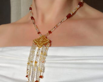 Golden Starfall Necklace – Natural Rutilated Quartz & Spessartine Garnet – 40 cm – Handmade Gemstone Jewelry