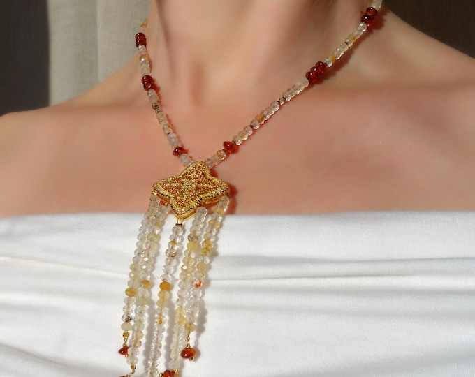 Golden Starfall Necklace – Natural Rutilated Quartz & Spessartine Garnet – 40 cm – Handmade Gemstone Jewelry