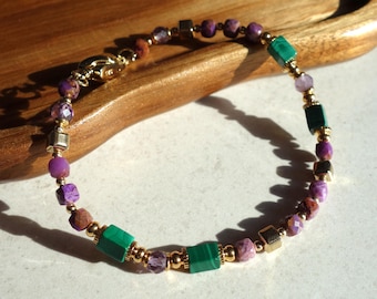 Natural Stichtite, Amethyst & Malachite Bracelet – Beaded Gemstone Jewelry – 18 cm – Gold Plated Stainless Steel