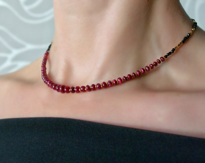 Natural ruby and spinel necklace with gold plated over silver, genuine ruby tiny necklace, gold ruby necklace, ruby choker, spinel necklace