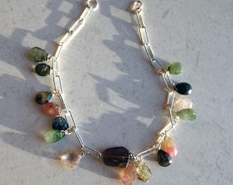Rainbow Tourmaline Bracelet with Sterling Silver, Genuine rainbow tourmaline Stone, watermelon tourmaline bracelet, drop tourmaline stone